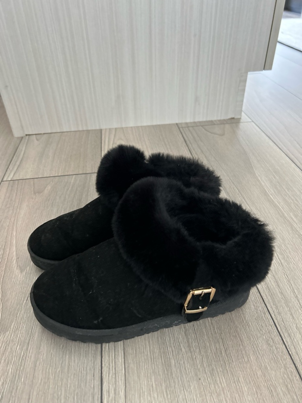 Black Faux Fur Slip-On Booties with Gold Buckle